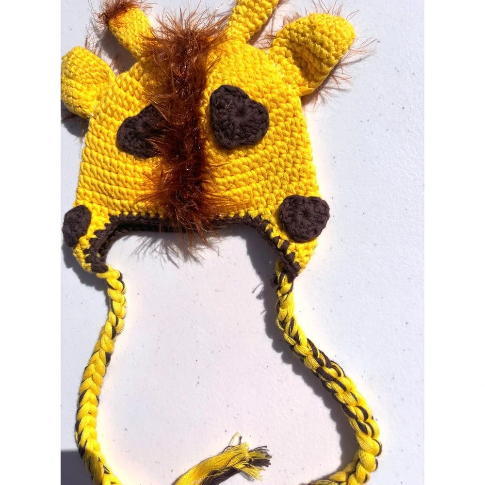 Newborn Giraffe Crochet Beanie Kids One Size Yellow Good Braided Earflap Hat